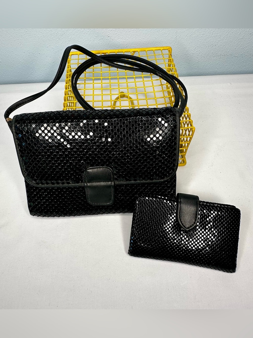 Whiting & Davis Vintage Black Chainmail Shoulder Bag with Matching Wallet